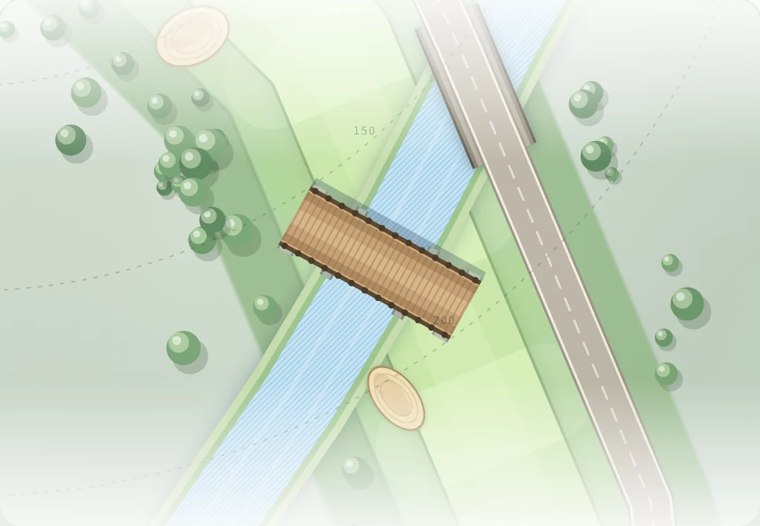 Original Daily Holes diagram of a diagonal river and a bridge across a fairway.