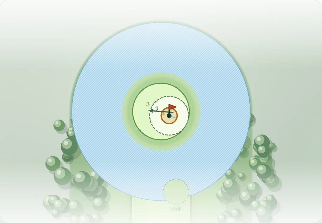 Original Daily Holes diagram of a green surrounded by water and a marked drop zone.