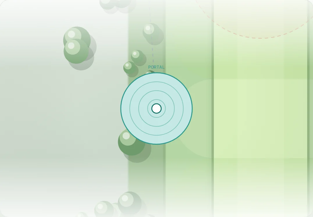 Original Daily Holes diagram of a satellite green and linked purple exit portal.